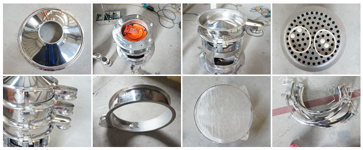 不銹鋼振動篩結(jié)構(gòu)展示：防塵蓋，出料口，閘門，篩網(wǎng)于彈跳球，底座，振動彈簧等。