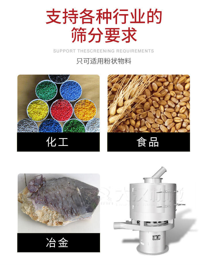 氣流篩用于礦粉，石墨粉，活性納米碳酸鈣，鋁灰，大豆粉，碳酸重鈣，石墨粉，木粉，干草，重金石粉，藥粉末，橡膠顆粒，草酸鹽，干料粉，木粉，聚酯粉，干粉，塑料，金屬粉末，橡膠粉，粉煤灰，石墨粉，陶瓷粉，鋅粉，石英粉，石灰粉，鐵粉，金屬硅粉等。