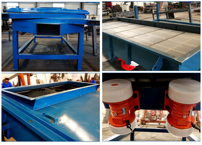 方形振動(dòng)篩出料口，篩網(wǎng)和網(wǎng)架，進(jìn)料口，振動(dòng)電機(jī)等細(xì)節(jié)展示。