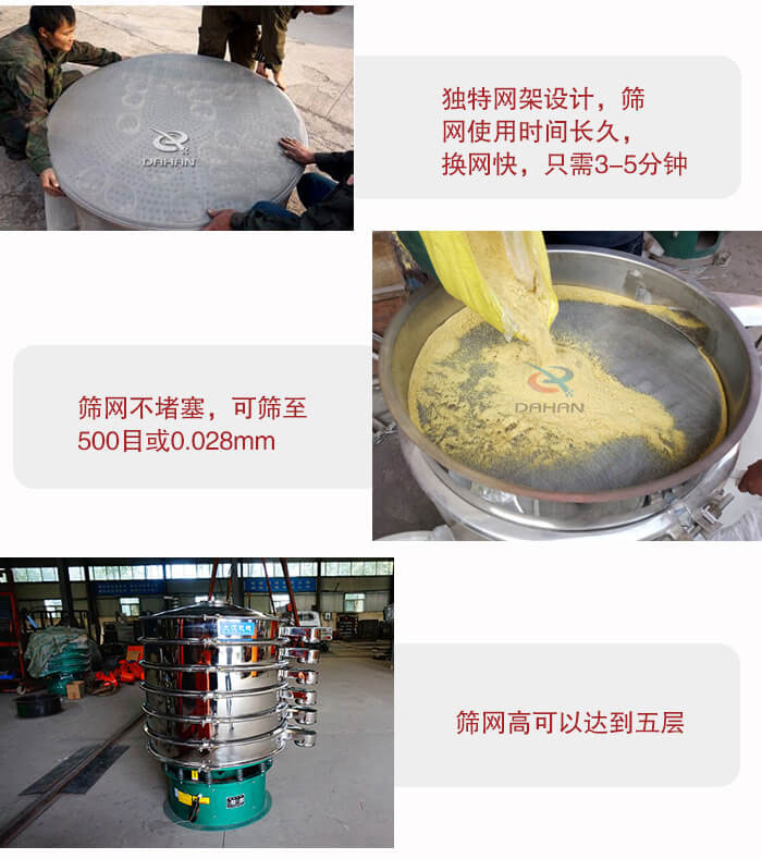 三次元振動篩的特點：篩網(wǎng)使用時間長換讓時間短，篩網(wǎng)不堵塞，可篩至500目或0.028mm。