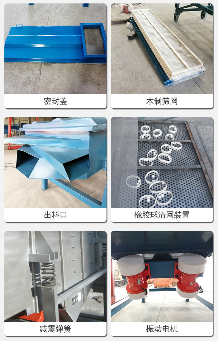 直線篩結(jié)構(gòu)展示：篩網(wǎng)，篩箱，振動(dòng)電機(jī)，振動(dòng)電機(jī)座，減震彈簧，支架等部件展示圖