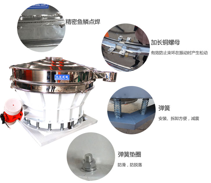 1500直排篩細(xì)節(jié)展示：彈簧，彈簧墊圈，加長(zhǎng)銅螺母。