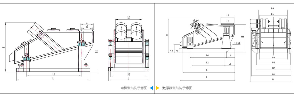 礦用振動篩電機振動式和激振器振動式的內(nèi)部結(jié)構(gòu)尺寸圖。
