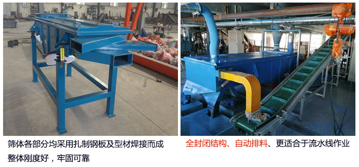 直線篩分機篩體各部分均采用扎制鋼板及型材焊接而成整體剛度好，牢固可靠；全封閉結(jié)構(gòu)、自動排料、更適合于流水線作業(yè)。