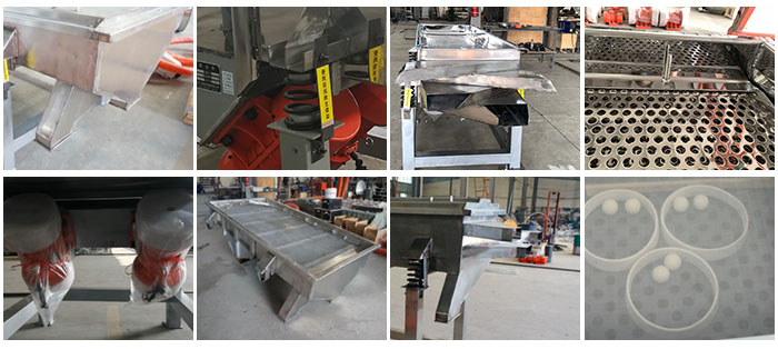 不銹鋼直線篩不同定制出料口，電機，篩網(wǎng)，篩箱，彈跳球等部件細(xì)節(jié)展示