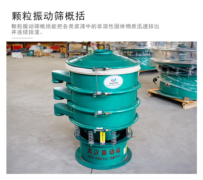 顆粒式振動篩是針對顆粒狀物料進行研發(fā)的，由于顆粒的形狀有很多的不同所以，廠家在清網(wǎng)裝置方面進行提升效率。