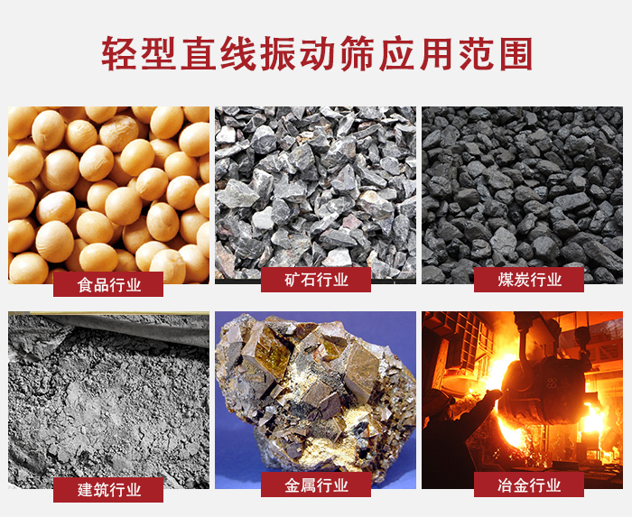輕型直線振動(dòng)篩應(yīng)用范圍較廣多使用與顆粒狀，粉狀以及其它重型行業(yè)的輸送。
