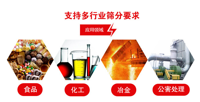 旋振篩適用的行業(yè)：食品行業(yè)，化工行業(yè)，冶金行業(yè)，公害處理等。