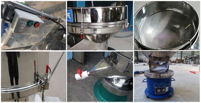 過濾篩細節(jié)展示：控制開關(guān)，篩框，出料口閥門，底座等